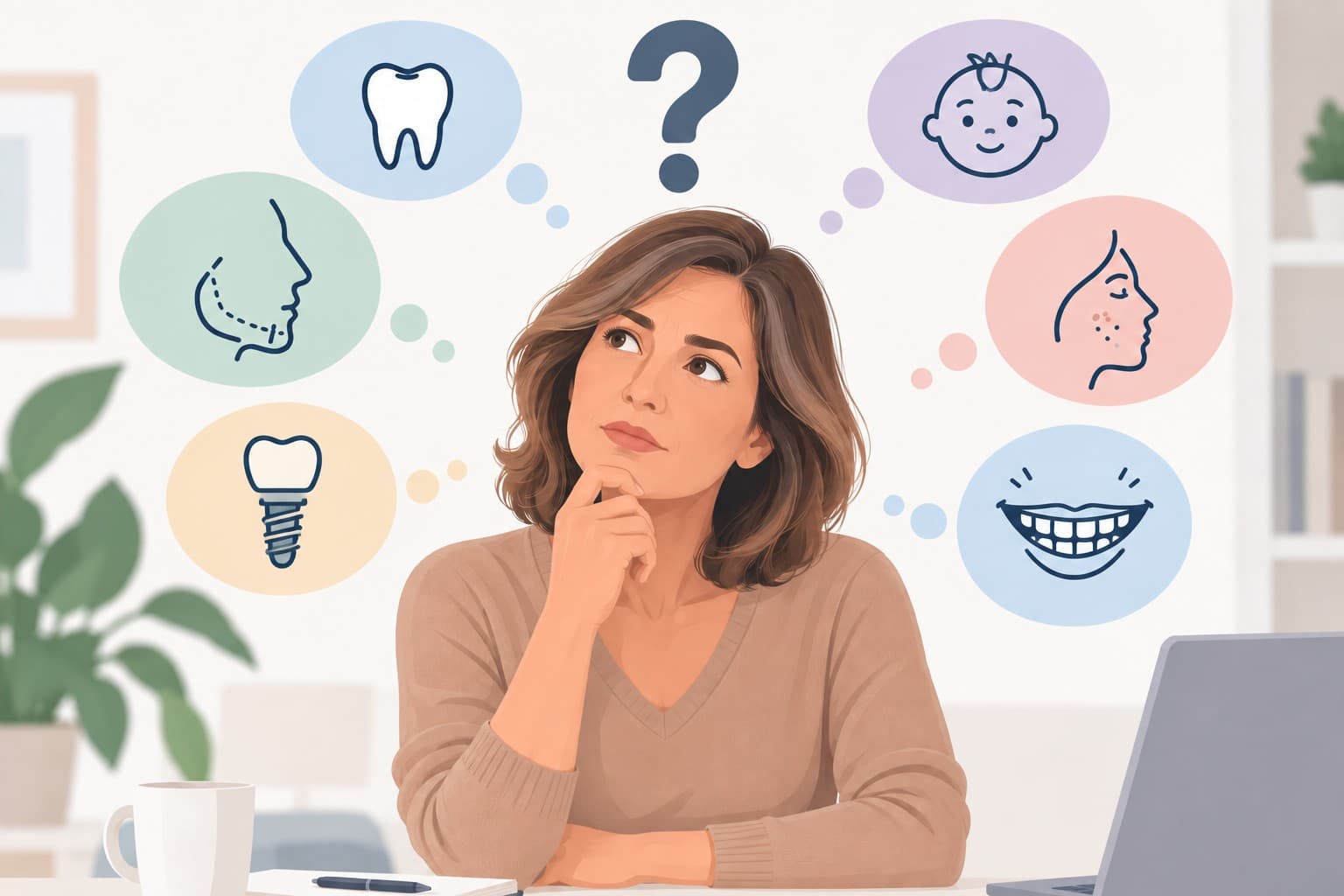 Illustration d'une patiente pensive, entourée de questions sur les dents, les implants et le visage